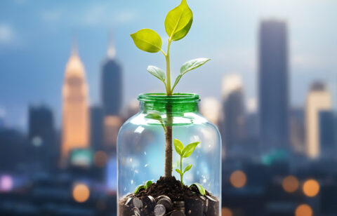 seedling-plant-are-growing-money-coin-bottle-with-blurred-city-s-background-ai-generated